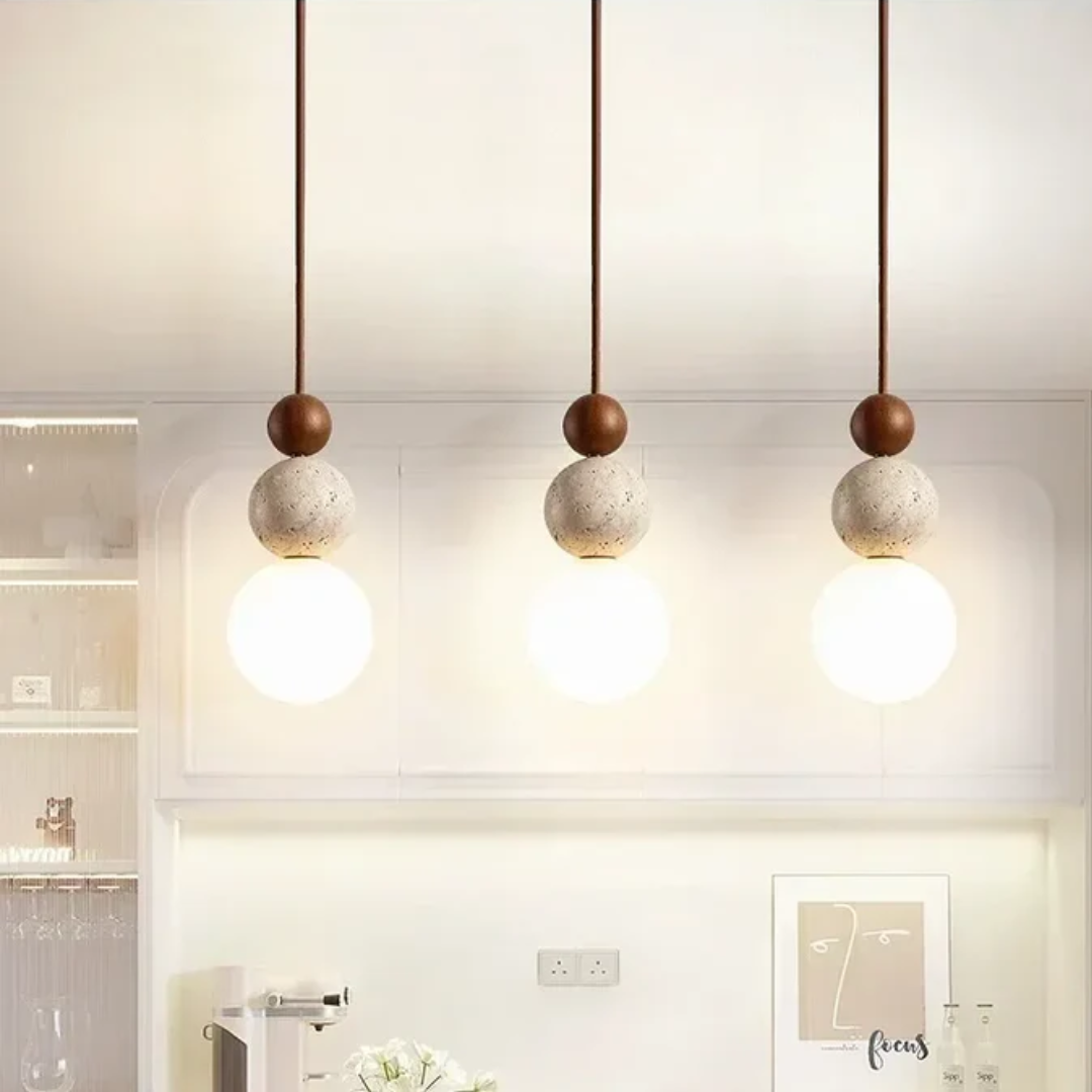 Modern Travertine and Mahogany Pendant Light | Illumaire