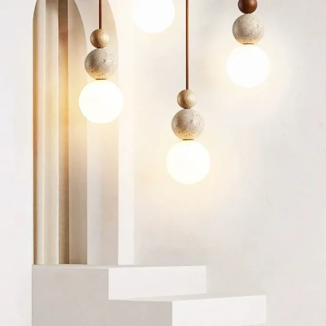 Modern Travertine and Mahogany Pendant Light | Illumaire