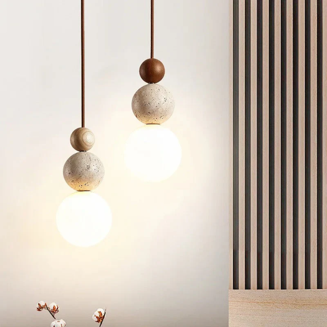 Modern Travertine and Mahogany Pendant Light | Illumaire