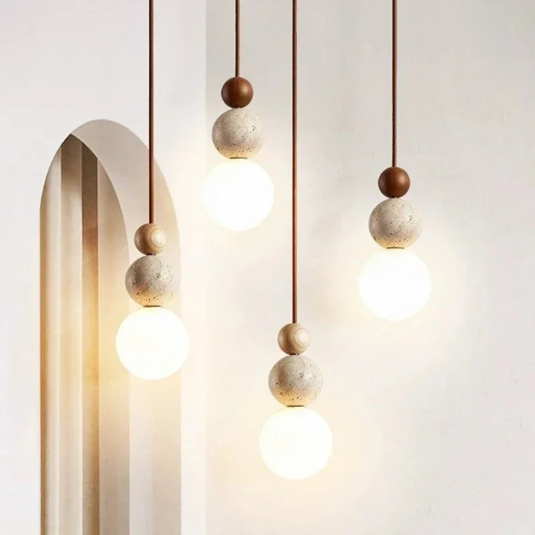 Modern Travertine and Mahogany Pendant Light | Illumaire