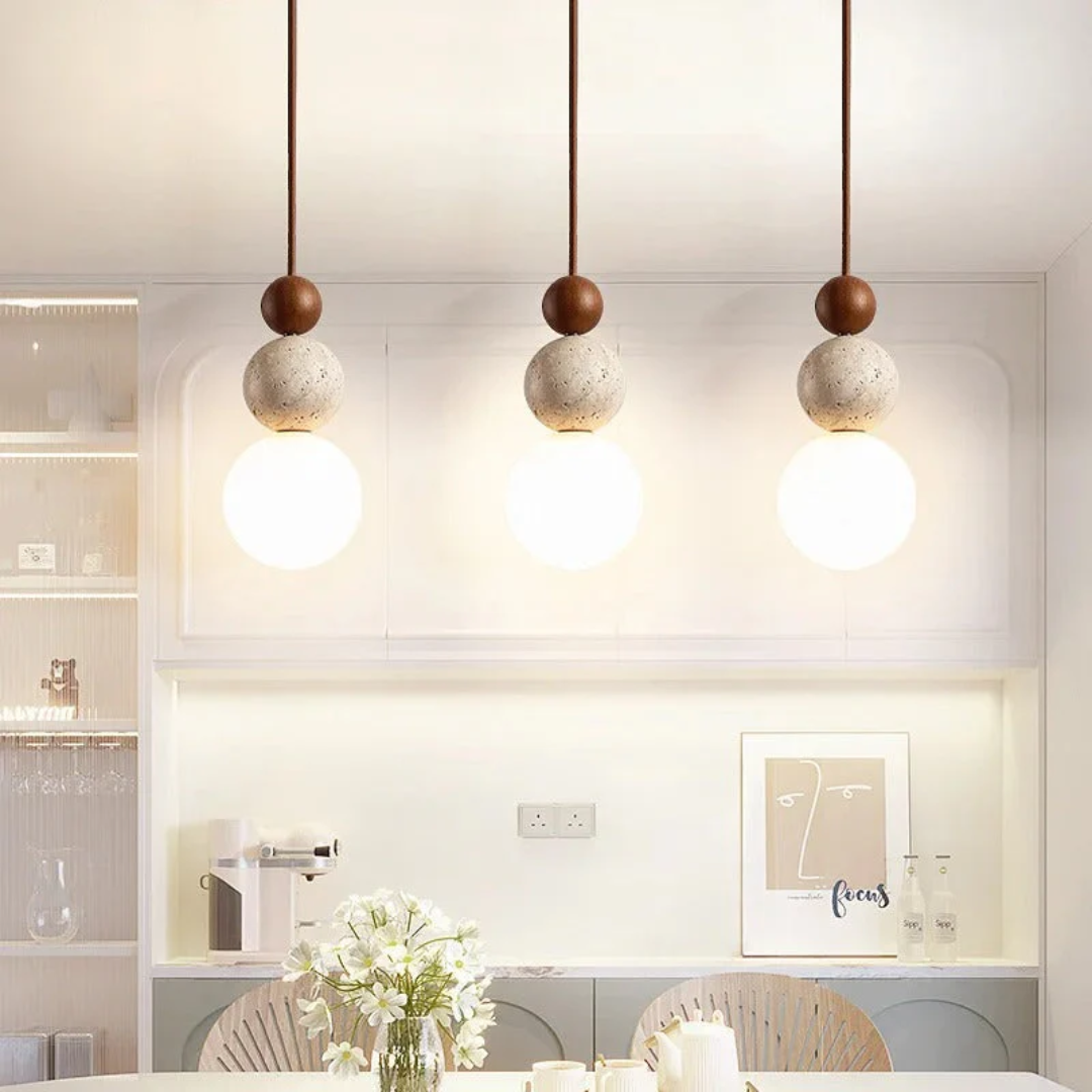 Modern Travertine and Mahogany Pendant Light | Illumaire