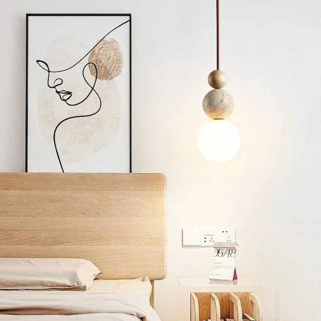 Modern Travertine and Mahogany Pendant Light | Illumaire