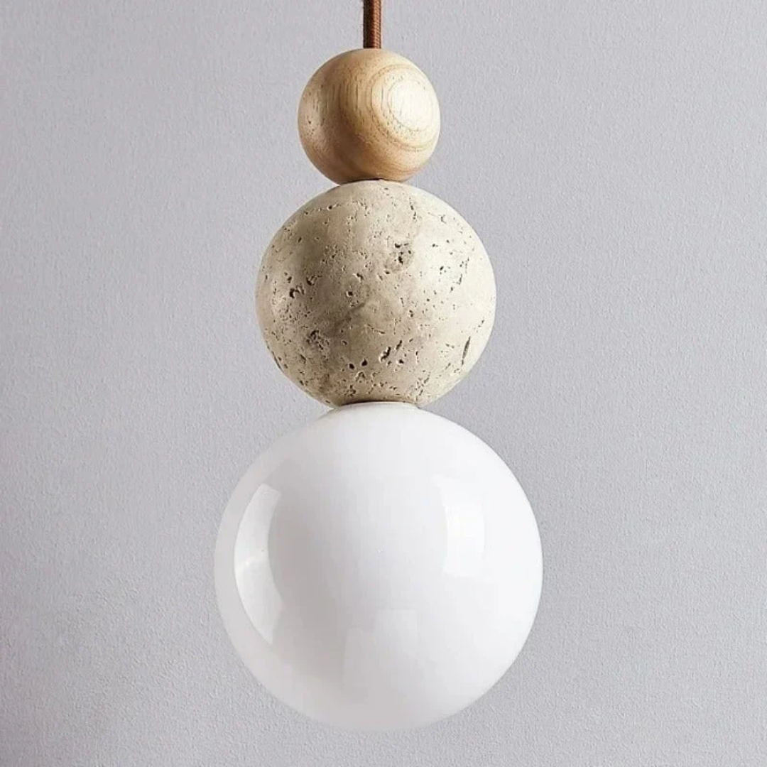 Modern Travertine and Mahogany Pendant Light | Illumaire