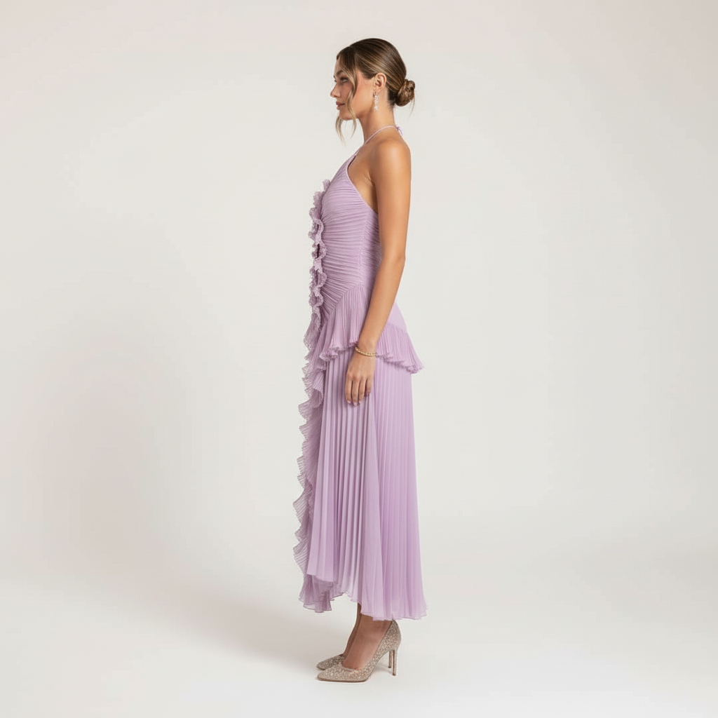 Luna Women's Elegant Pleated Ruffle Midi Party Dress