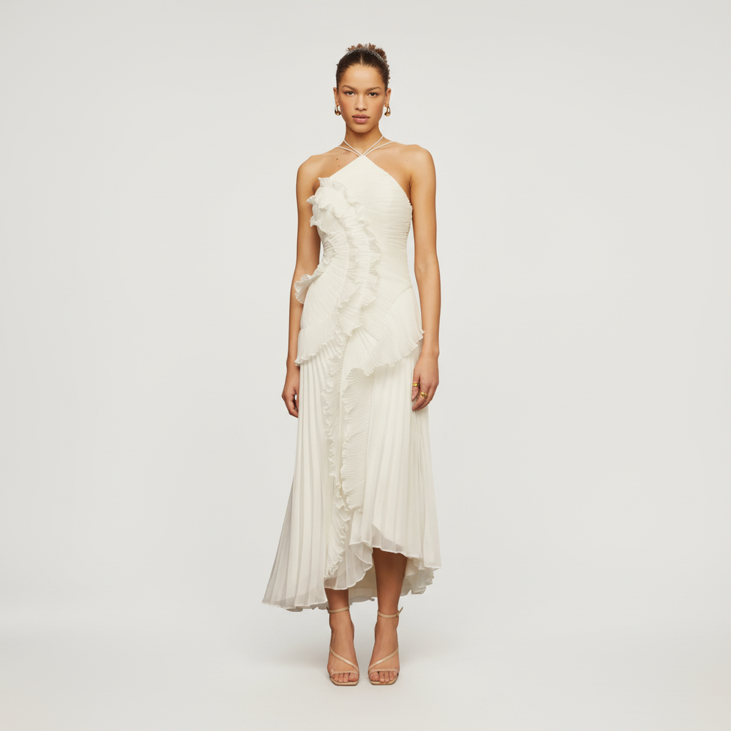 Luna Women's Elegant Pleated Ruffle Midi Party Dress