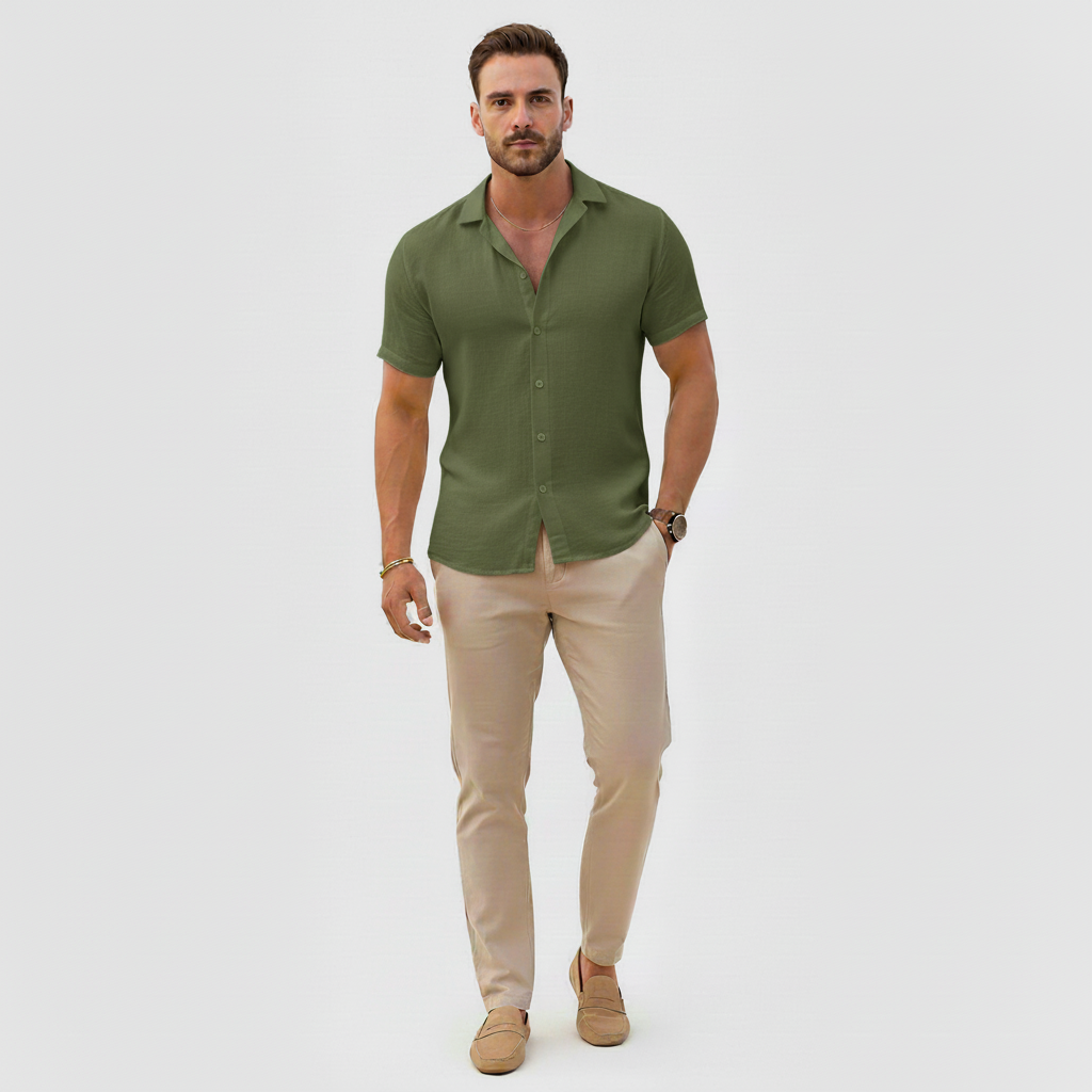 Santorini Men's Short Sleeve Cuban Collar Button Up Shirt | Woven