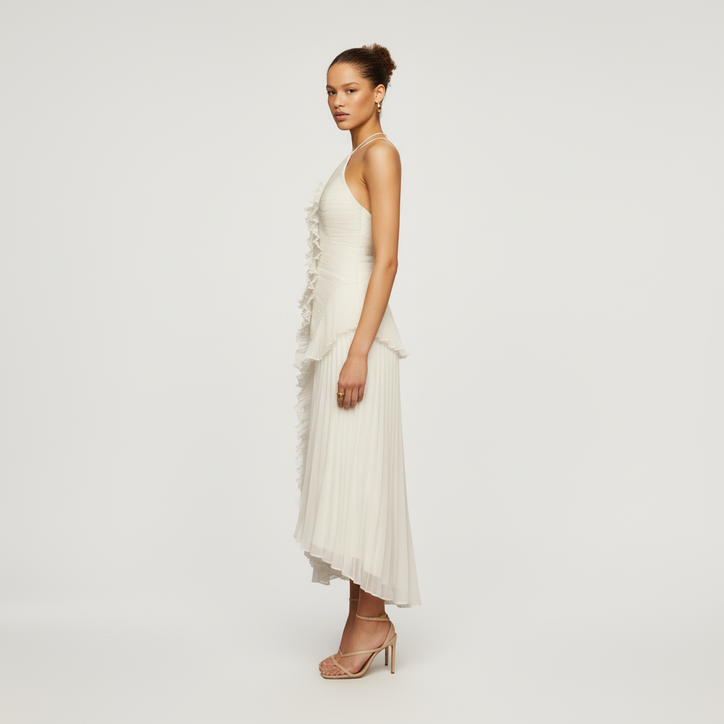 Luna Women's Elegant Pleated Ruffle Midi Party Dress