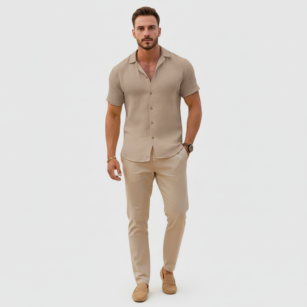 Santorini Men's Short Sleeve Cuban Collar Button Up Shirt | Woven