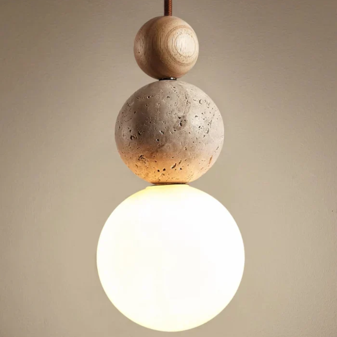 Modern Travertine and Mahogany Pendant Light | Illumaire