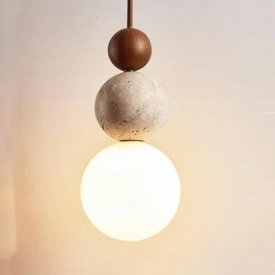 Modern Travertine and Mahogany Pendant Light | Illumaire