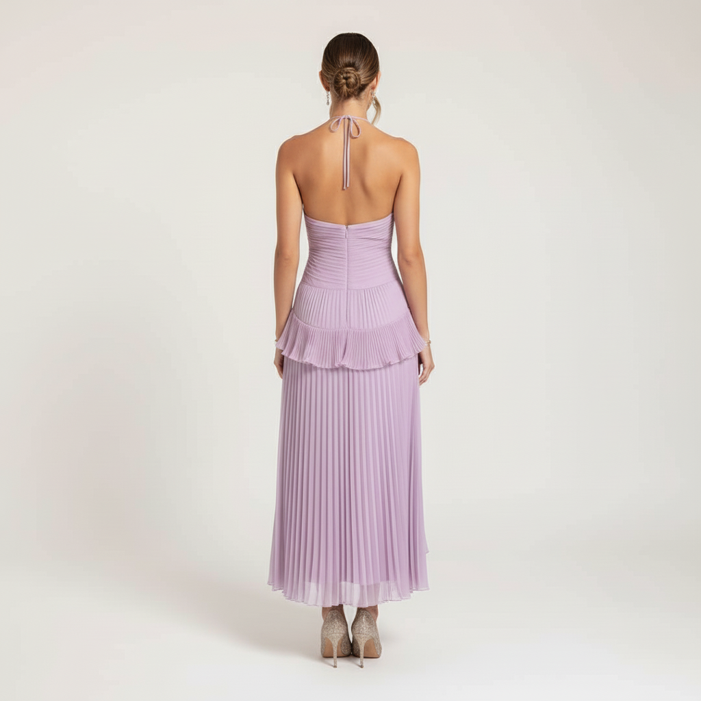 Luna Women's Elegant Pleated Ruffle Midi Party Dress