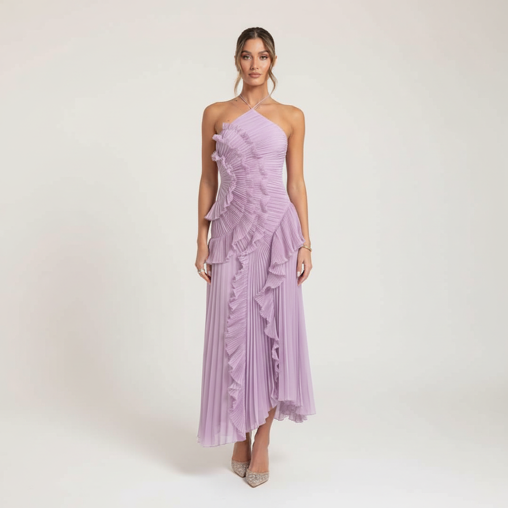 Luna Women's Elegant Pleated Ruffle Midi Party Dress